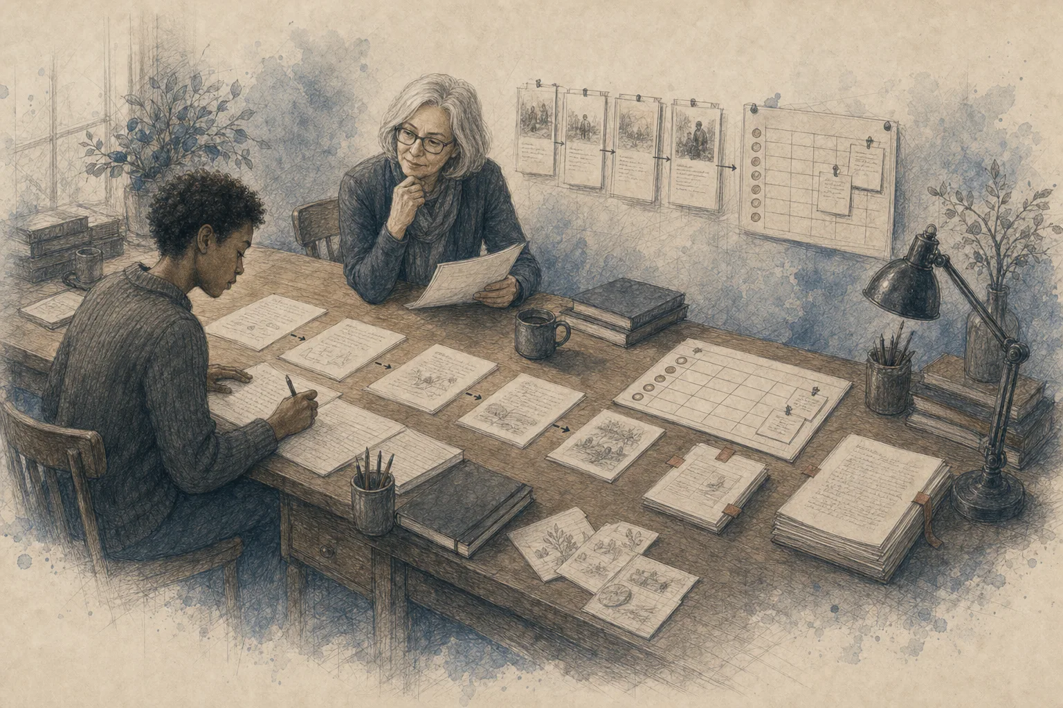 A writer and coach reviewing a sequence of craft exercises and revised pages at a long desk.
