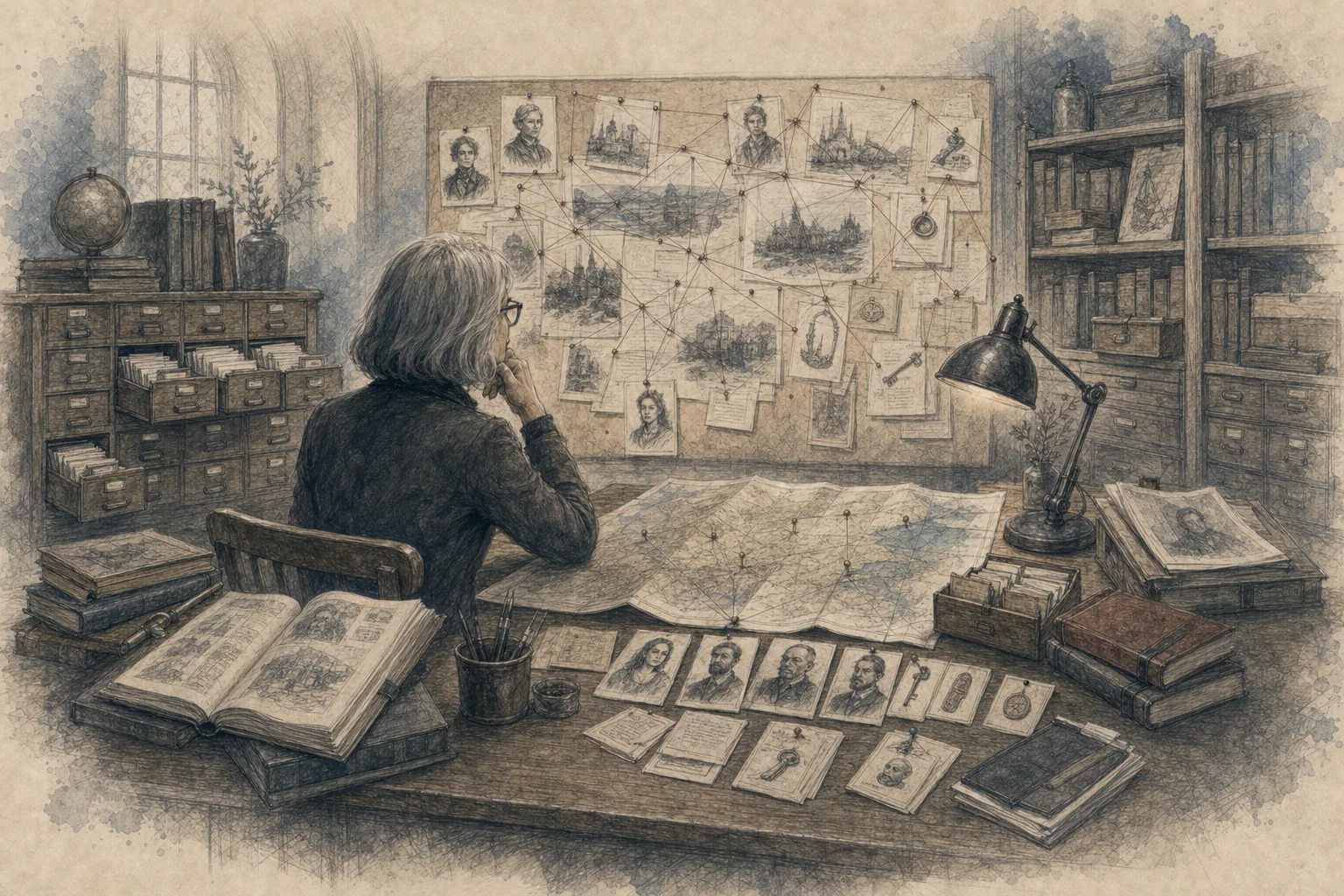 An archive of character dossiers, maps, sources, and event cards connected across a research table.