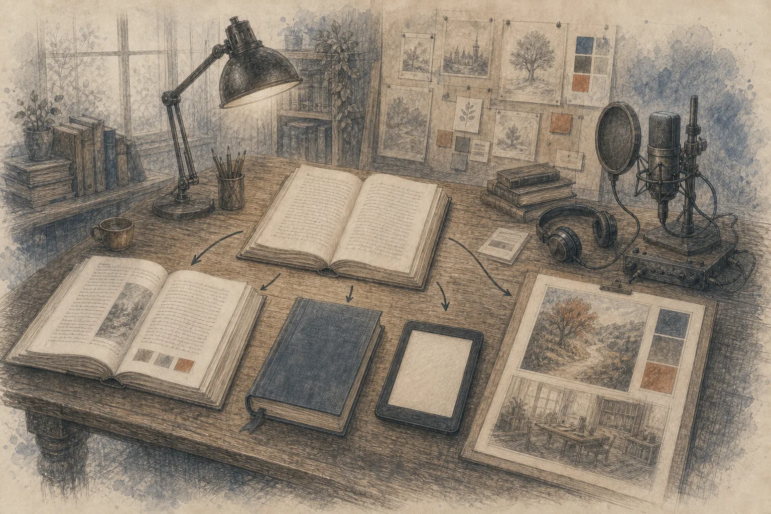 A production table connecting one manuscript to a printed proof, ebook preview, visual boards, and narration equipment.