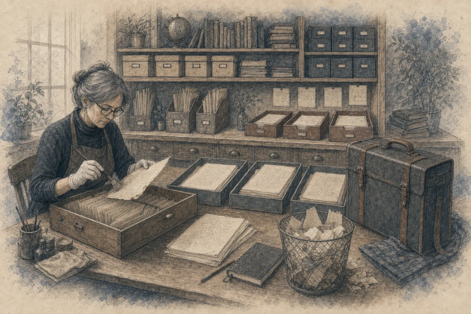 An orderly manuscript archive with separated drafts, snapshot boxes, a restored page, and a portable book case.