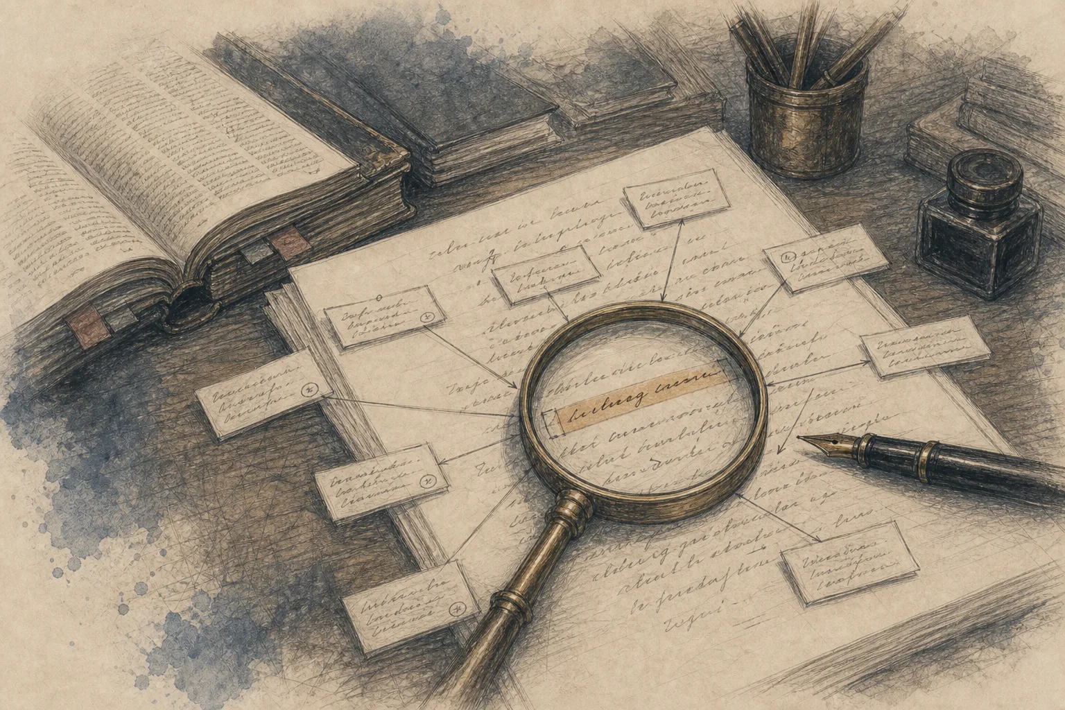 An archival drawing of a manuscript phrase under a reading glass with alternative word slips branching around it.