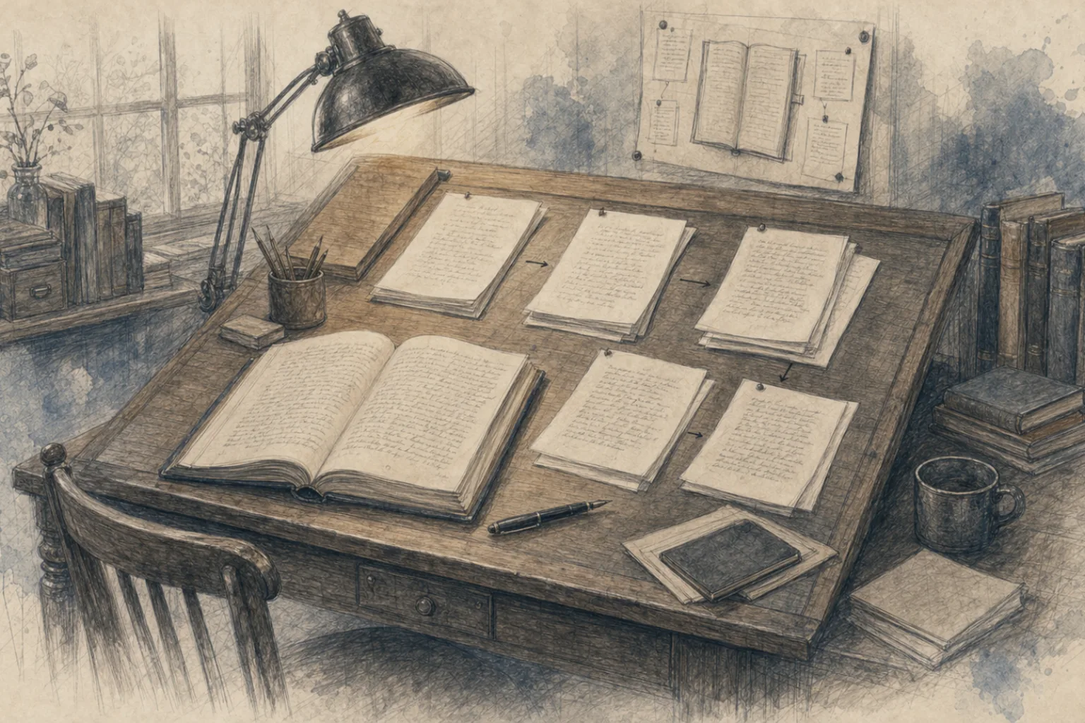 An archival drawing of an author's drafting table with an open manuscript and chapter pages arranged in sequence.