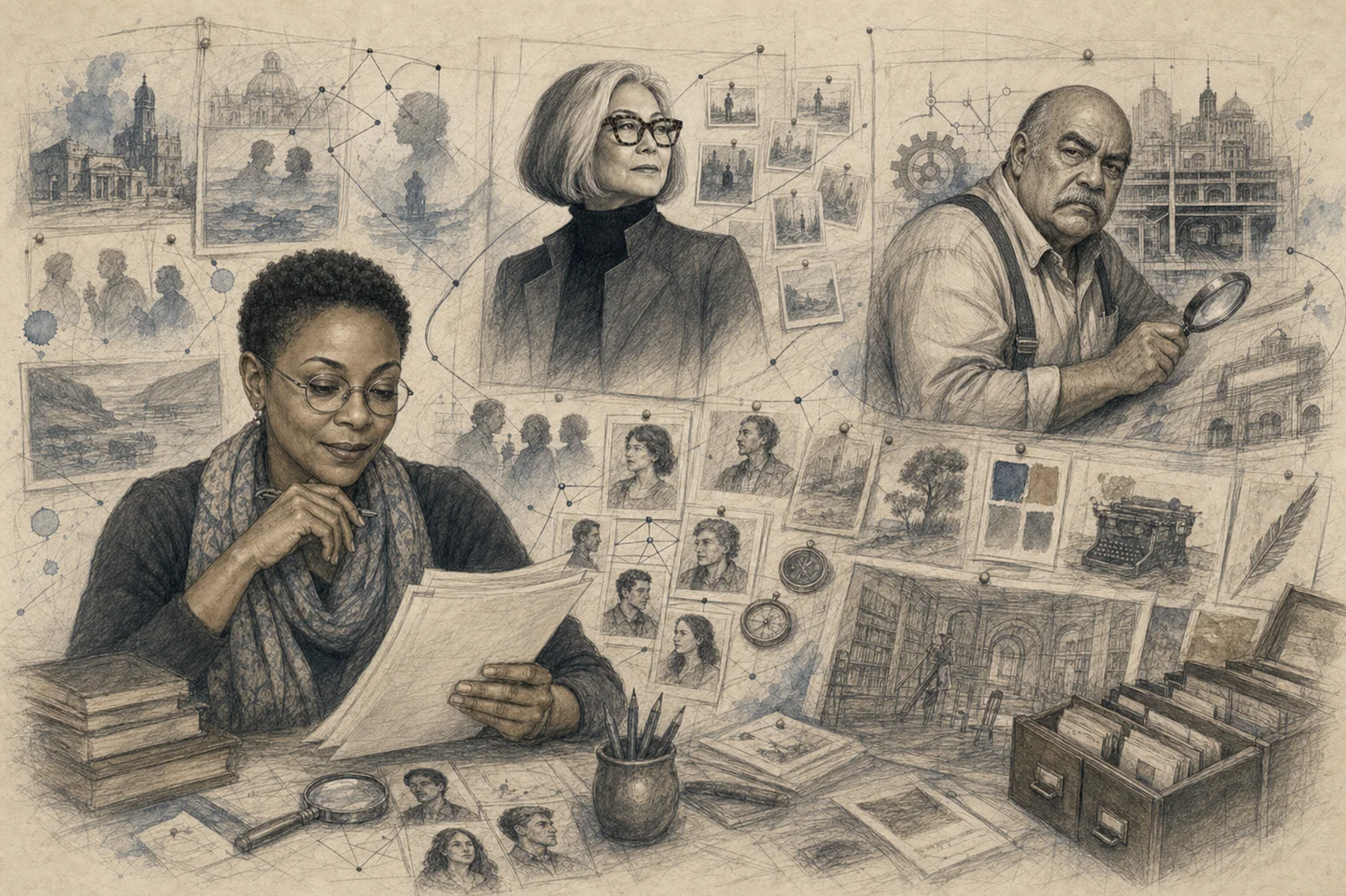 Graphite and watercolor illustration of a codex archive with portraits, location studies, timelines, catalog drawers, and connected story facts.