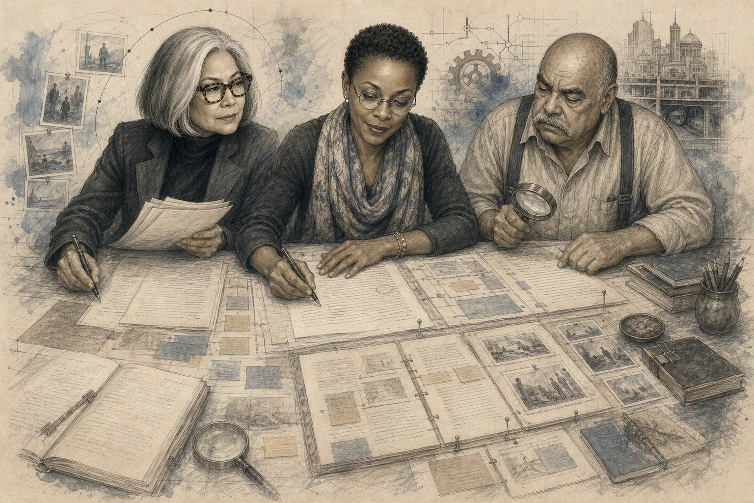 Graphite and watercolor illustration of a drafting table covered with structured manuscript pages, beat cards, notes, and revision tools.