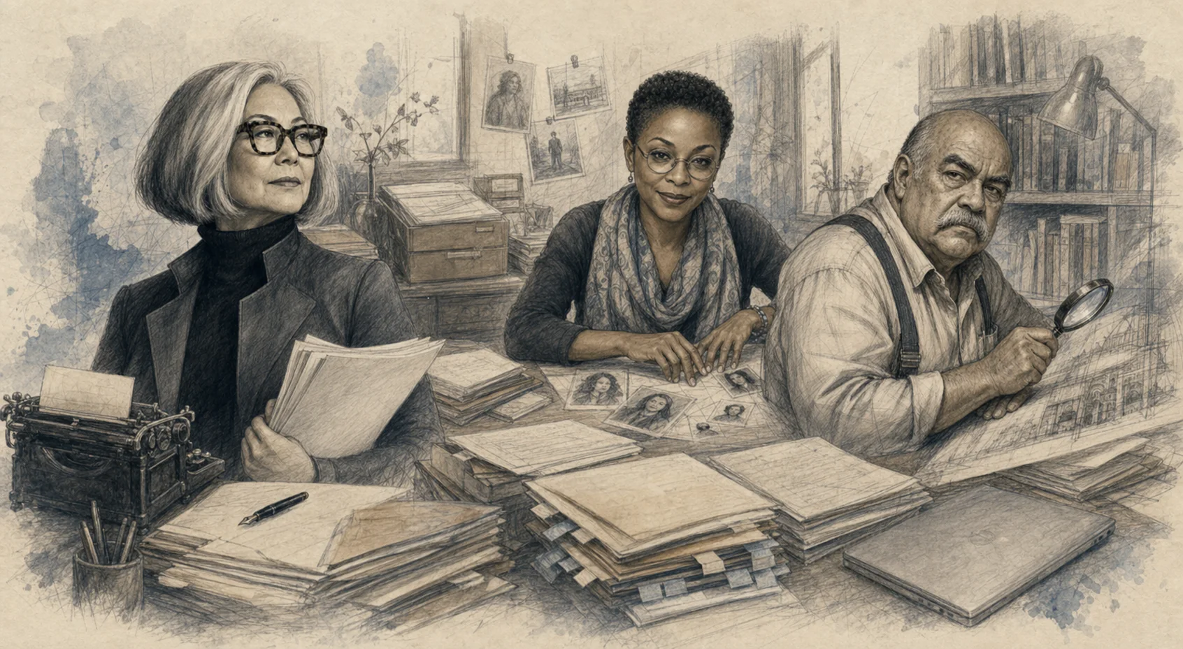 Graphite and watercolor illustration of an author-owned manuscript workspace with folders, pages, a typewriter, and a closed laptop.