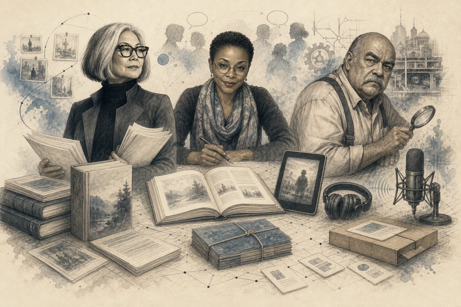 Graphite and watercolor illustration of a production table with print proofs, an ebook reader, cover materials, headphones, and a narration microphone.
