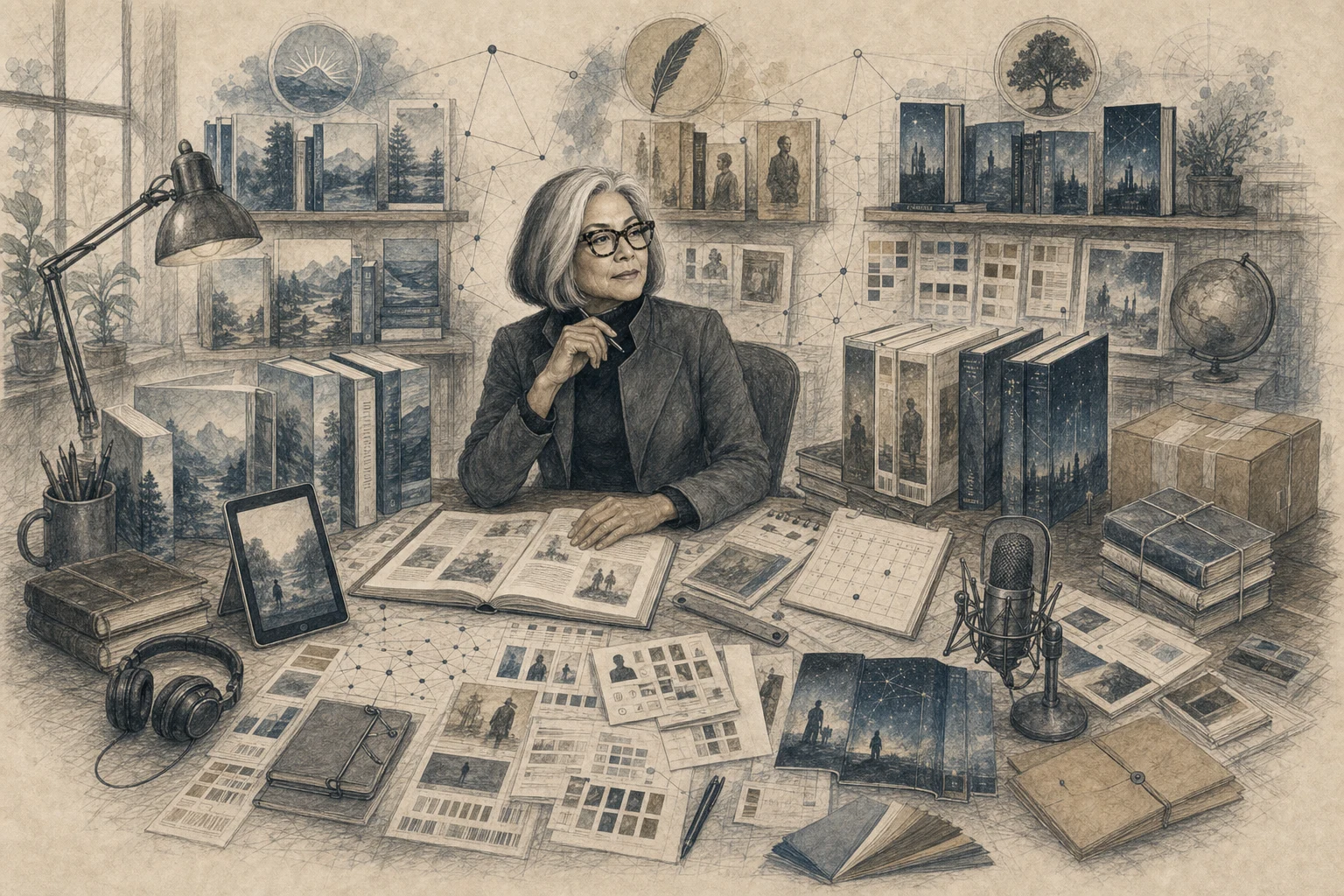 Graphite and watercolor illustration of an independent author-publisher managing several imprints, coordinated cover families, print and digital editions, metadata, release planning, audio production, and distribution materials.