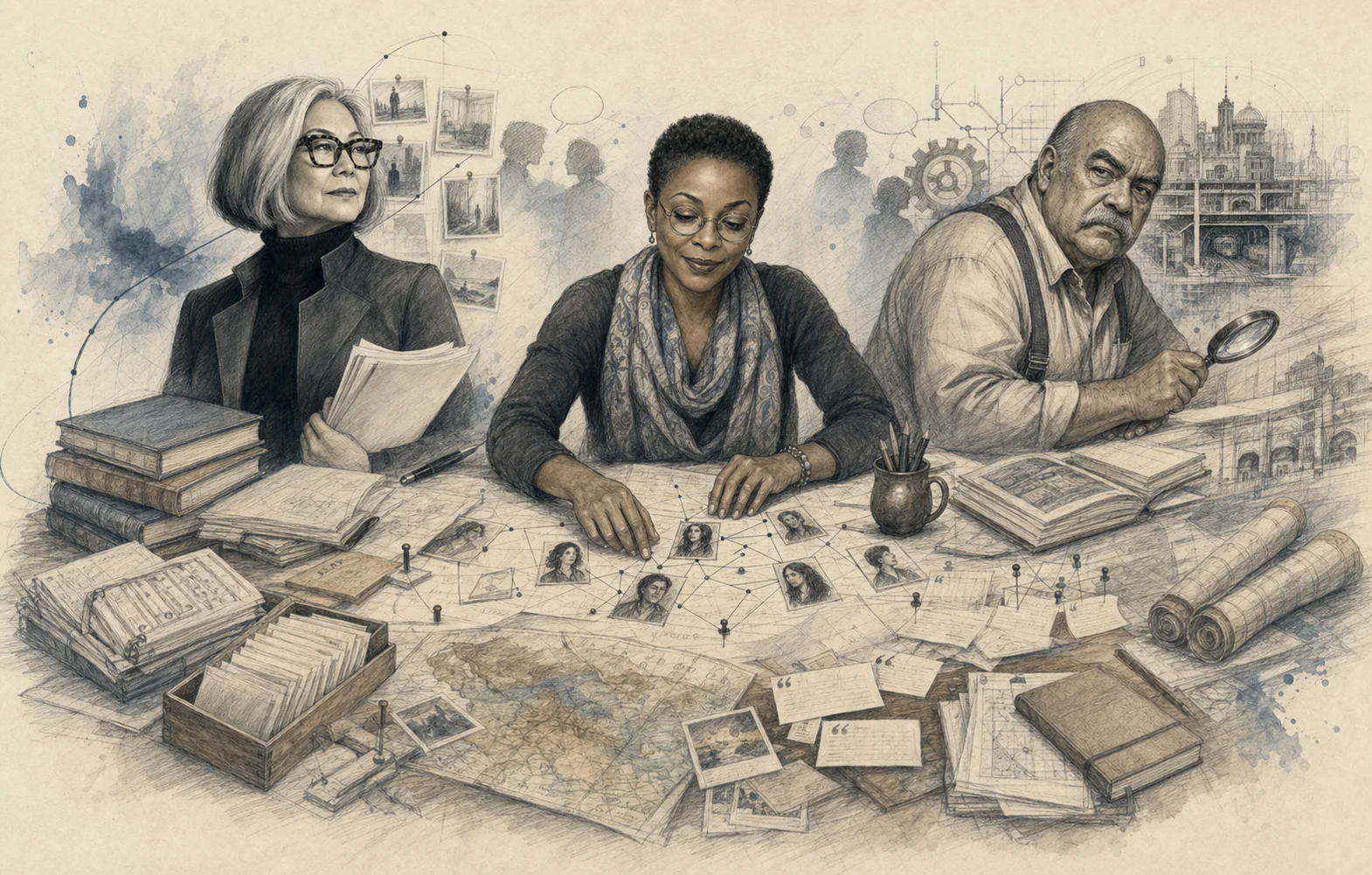 Graphite and watercolor illustration of a research desk with source books, claim cards, maps, quotations, and manuscript connections.