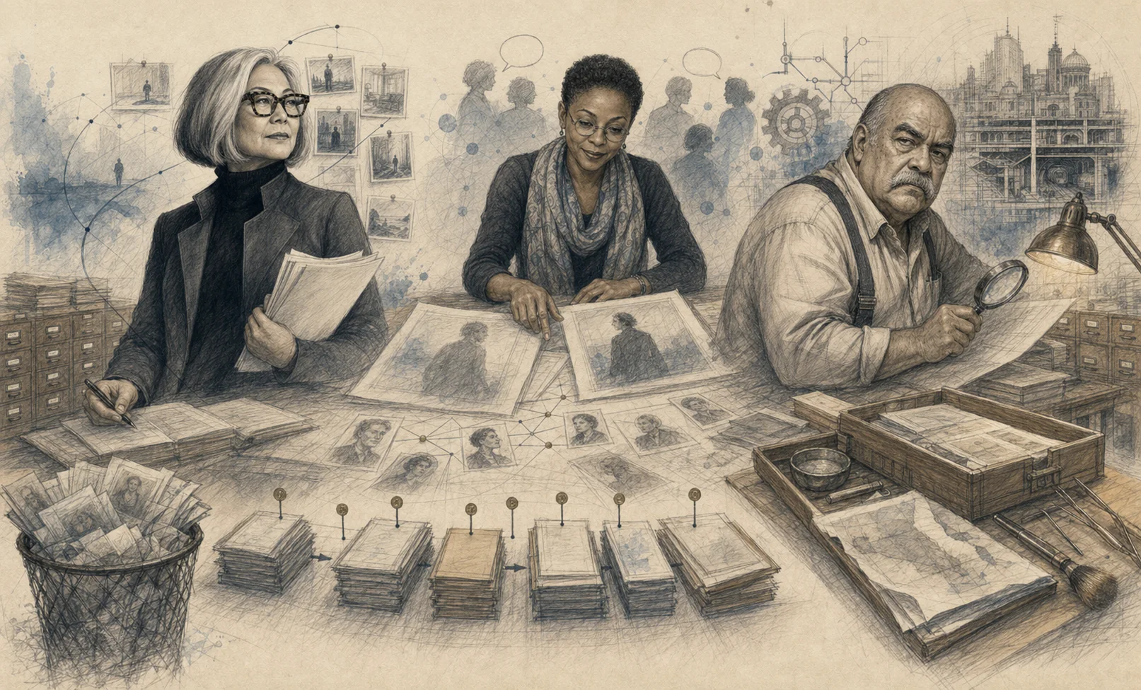 Graphite and watercolor illustration of a revision archive with manuscript snapshots, recoverable pages, timeline bundles, and a restoration table.