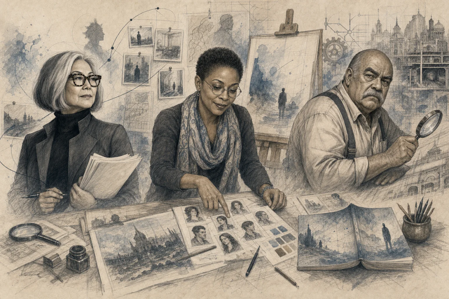 Graphite and watercolor illustration of a visual atelier with an easel, cover studies, character sketches, maps, palettes, and an author comparing concepts.