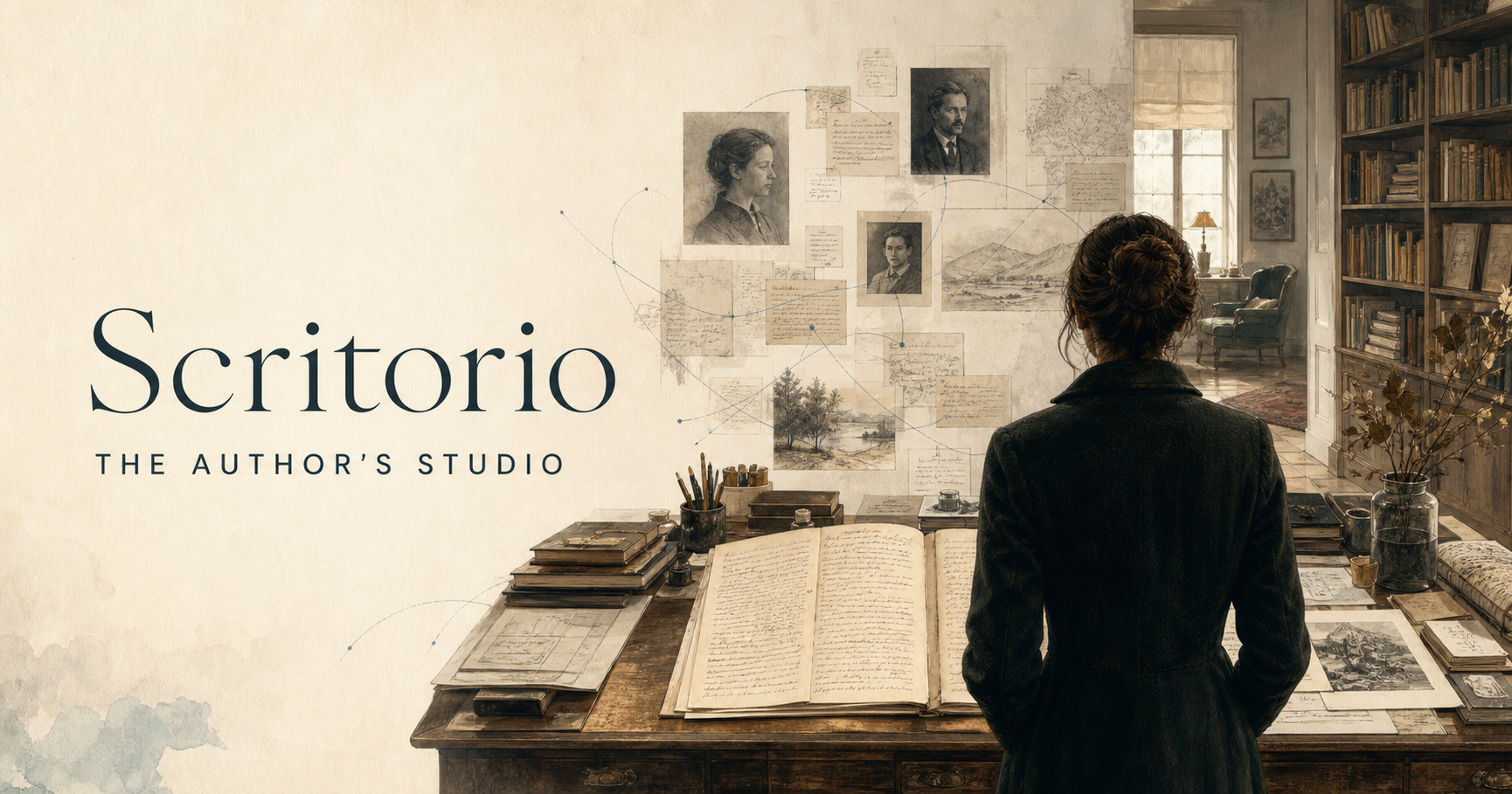 Scritorio — The Author’s Studio. An author stands at a manuscript-covered desk in a warm private library, surrounded by research notes, character portraits, and story connections.